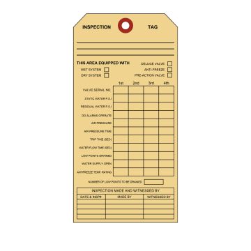 Tag Quarterly Sprinkler Inspection  3-3/4" x 7-1/2"  Double Sided