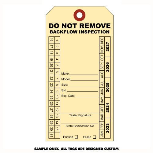 Tag Personalized Backflow Prevention Annual Inspection 3-3/4" x 7-1/2" 2-Sided Manila Cardstock, 1-Color Print